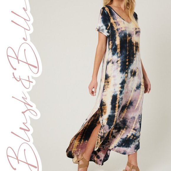 Blush & Belle Dresses & Skirts - INDIE Black, Mauve & Cream Tie Dye Maxi Dress w/ Pockets